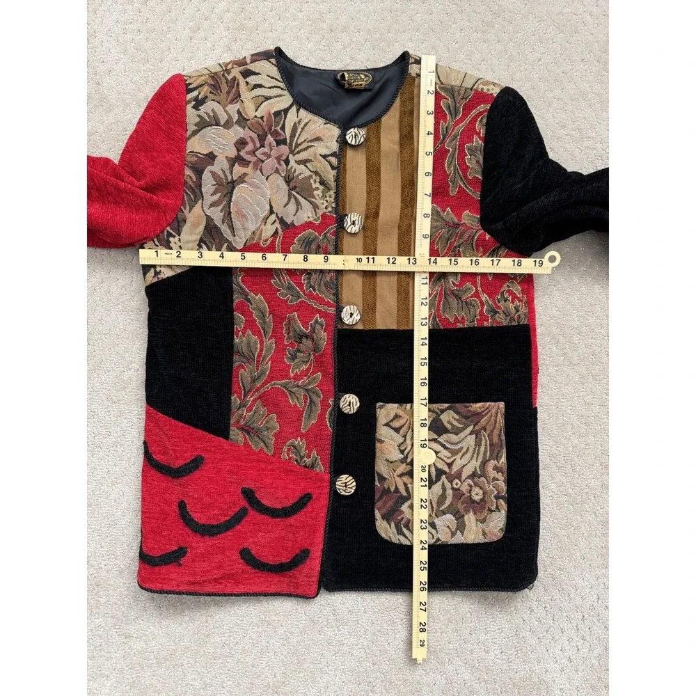 ALLURE Vtg Women Red Blk Embroidered Patchwork Button Front‎ Jacket Blazer-SMALL